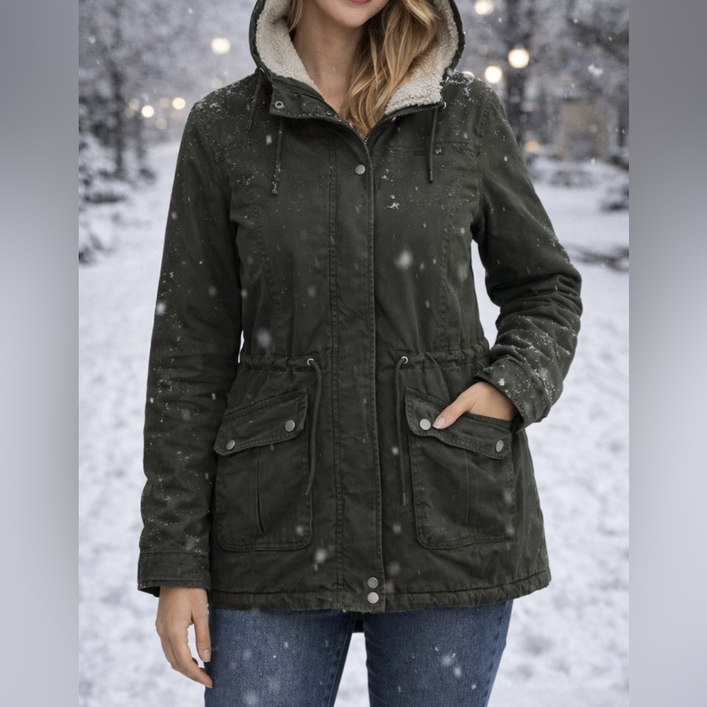 Ladies H&M Divided Fleece-Lined Hooded Winter Coat| Hunter Green Jacket | Size 6